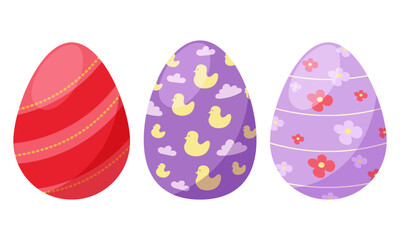 Festive, bright eggs. Set Easter design. Colorful vector illustration. Chickens, flowers, lines, clouds
