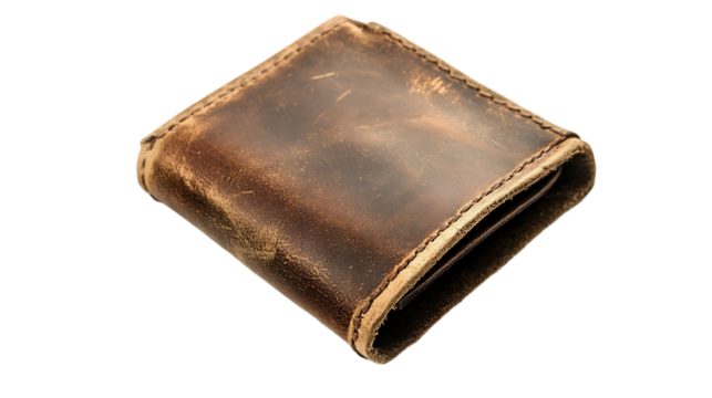 A worn leather wallet, showcasing its vintage appearance and practical use.