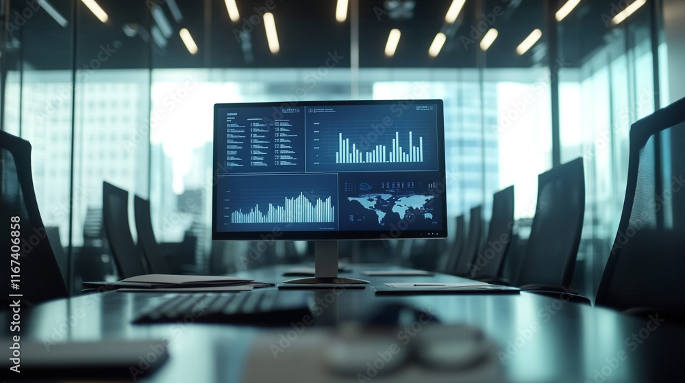 Poster data analysis setup in a modern office with multiple displays and a sleek design
