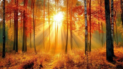 Obraz premium Autumn Sunlight Illuminates a Path Through Golden Woods