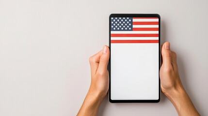 A person holding a tablet displaying the American flag with a blank screen, ideal for customizable content or patriotic themes.