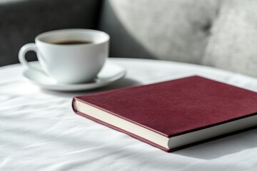 Naklejka premium コーヒーと本がテーブルに置かれた静かな午後のひととき