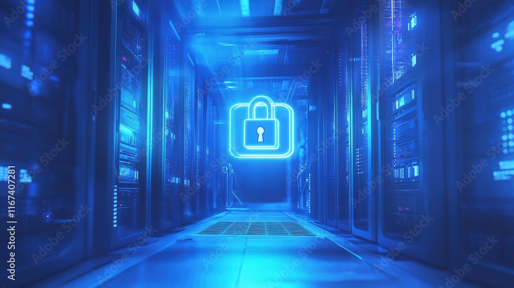Poster digital security concept with neon lock in data center environment