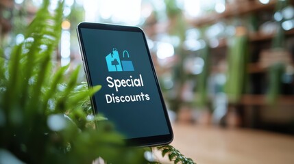 Special Discounts Promotion on Smartphone Surrounded by Greenery