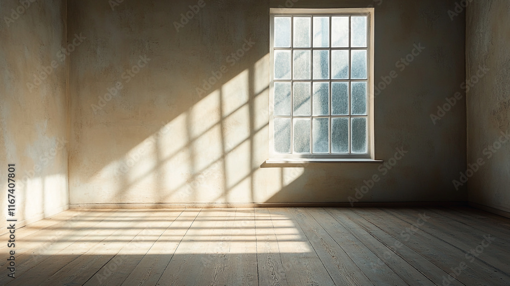 Poster sunlight streaming through a large window in an empty room during midday