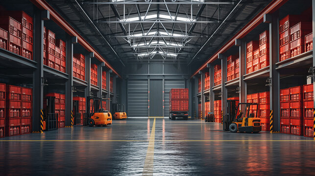 Load beverage crates, forklifts and trucks in industrial hall