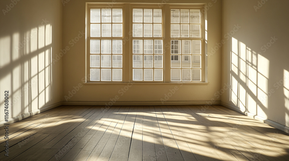 Poster natural light pours through large windows into a minimalistic empty room with wooden floors