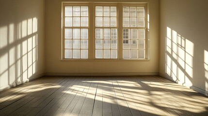 Obraz premium Natural light pours through large windows into a minimalistic empty room with wooden floors