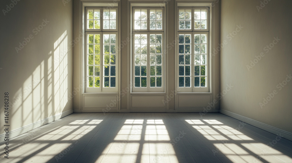 Poster light streaming through large windows in an empty room with serene surroundings