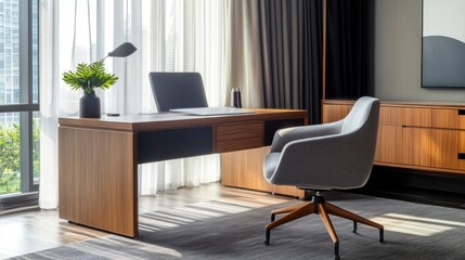 Modern Home Office Workspace With Wooden Desk And Chair