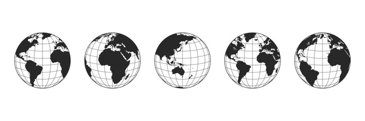 World globe maps set. World icon flat set. Earth icons. Europe, Asia, America, and Oceania globe maps. Earth globe icon Set.