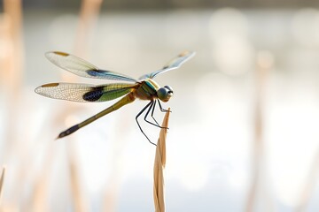Dragonfly perched on a reed by a lake, tiny insect close shot