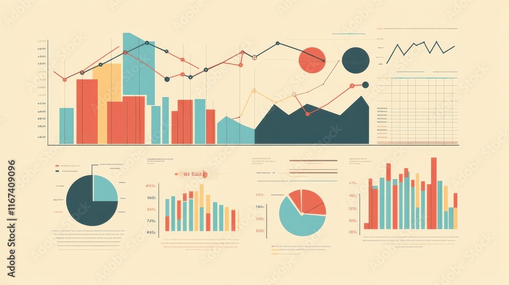 Poster colorful data visualization with graphs and charts on beige background