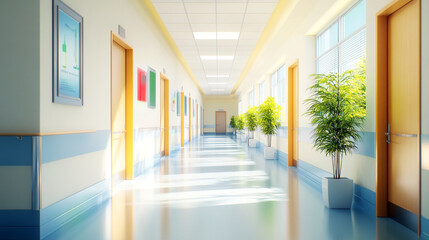 Bright and spacious hospital corridor with plants and colorful artwork on walls