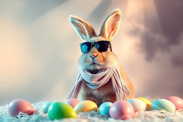 Easter concept, A fluffy bunny surrounded by pastel colored eggs before pastel background