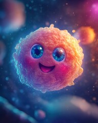 A cute, smiling cell with big eyes in a colorful, microscopic environment.