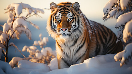 Obraz premium Beautiful wild siberian tiger on snow
