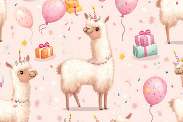 A whimsical pattern featuring llamas with party hats, balloons, and gifts on a pink background.