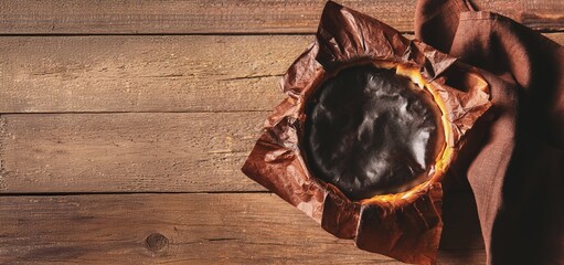 Tasty Basque burnt cheesecake on wooden background with space for text, top view