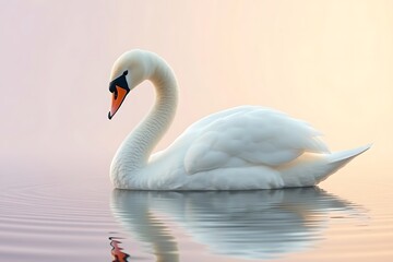Naklejka premium Swan duck floating swimming on serene water with copy space behind