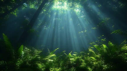 Fototapeta premium Sunbeams pierce a lush, green forest canopy.