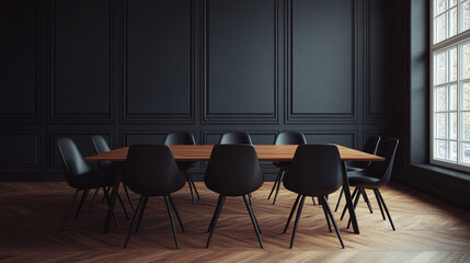 Elegant black conference room with long wooden table and black chairs in modern interior