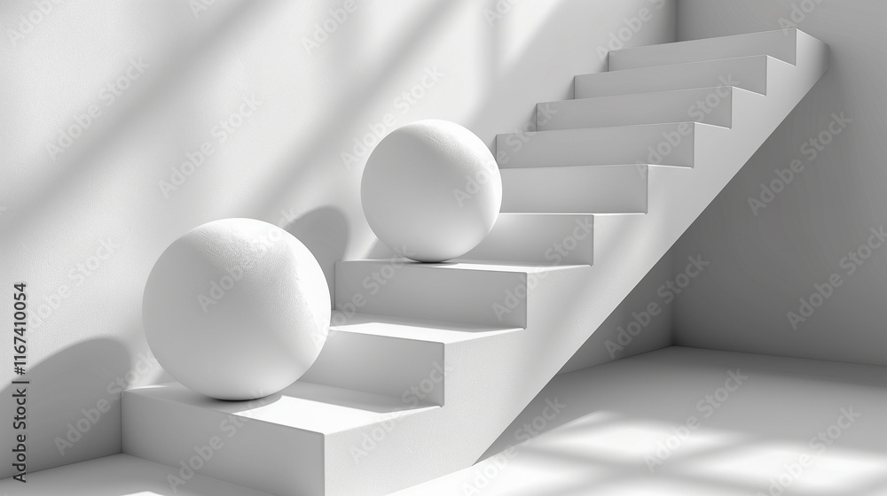 Poster minimalist staircase with spheres in monochromatic setting..