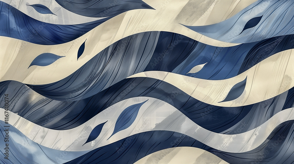 Poster abstract blue and cream wavy pattern with leaf motifs..