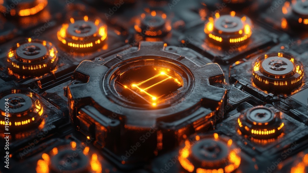 Poster futuristic abstract tech design with glowing elements and gears
