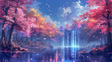 Obraz premium Enchanting Forest Waterfall with Vibrant Blossoms..