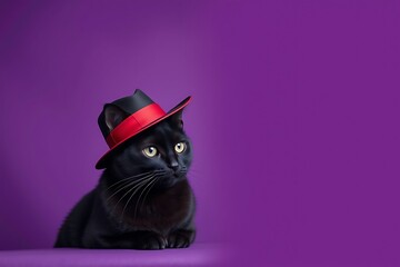 A black cat wearing a stylish fedora before purple gradient background for copy space