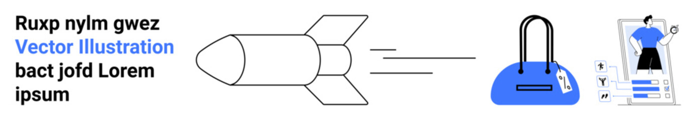 Flying rocket, stylish handbag, and clothing infographic. Ideal for tech innovation, e-commerce, fashion trends, modern lifestyle, product launch futuristic designs digital marketing. Landing page