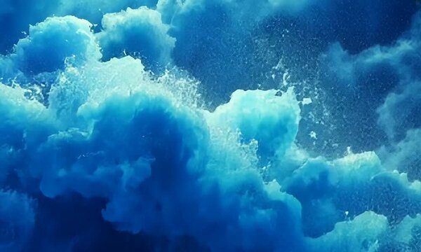 Abstract Blue Ocean Waves, Turbulent Water Splashes and Foam