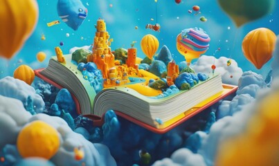 A whimsical scene of a vibrant, open book with a fantastical landscape.