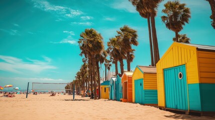 Naklejka premium Colorful beach huts line the sandy shore under a bright blue sky with palm trees swaying. Enjoy a sunny day by the ocean.