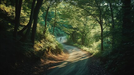 Obraz premium Peaceful winding road through lush green forest, inviting exploration and connection with nature on a sunny day