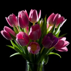 Fototapeta premium a bouquet of pink and purple tulips in a blue vase