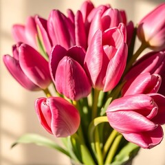 Fototapeta premium a bouquet of pink and purple tulips in a blue vase