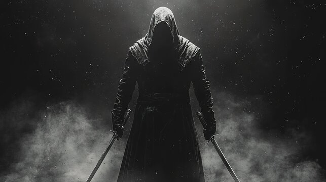 Hooded warrior with dual swords in mysterious foggy setting