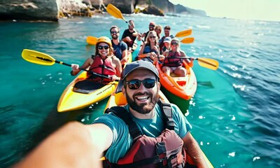 Group of friends kayaking on a sunny day with vibrant orange kayaks and joyful smiles on the water