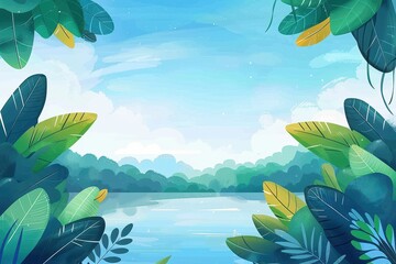 Lush Green Leaves Framing a Blue Sky and Lake