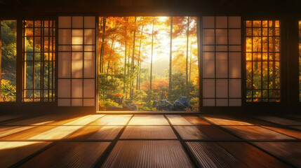 A traditional Japanese tatami room, filled with warm golden light, framed by a serene view of lush bamboo trees through shoji windows
