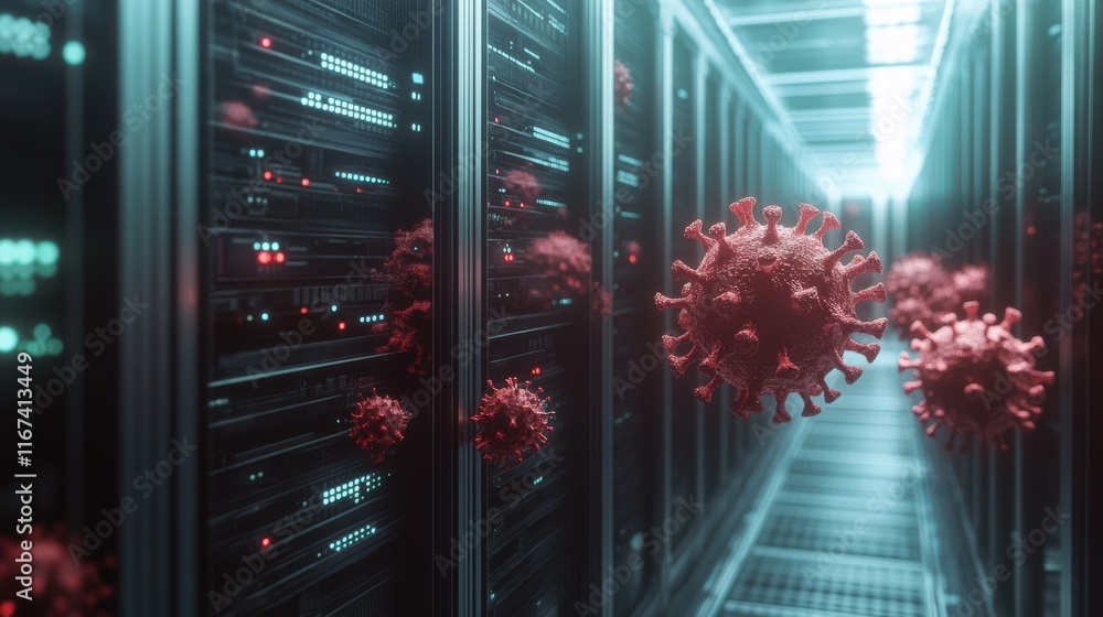 Poster digital visualization of virus in server room surrounded by technology