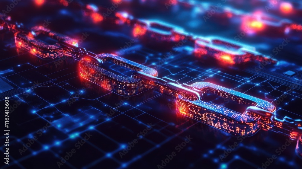 Poster futuristic digital chain links representing blockchain technology