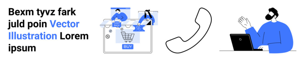 Laptop with shopping cart screen and gears, people working, phone call icon, man with laptop headset. Ideal for online retail, customer service, tech support, e-commerce, business operations remote