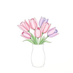 a bouquet of pink and purple tulips in a blue vase