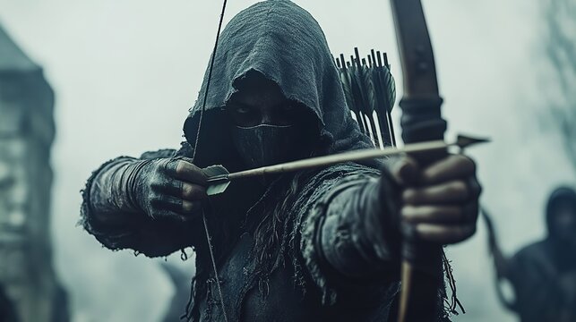 Mysterious hooded archer aiming bow in misty forest