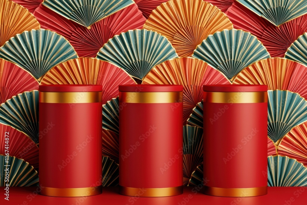 Poster chinese new year 2025, a vibrant display of three red cylindrical containers against a colorful fan-