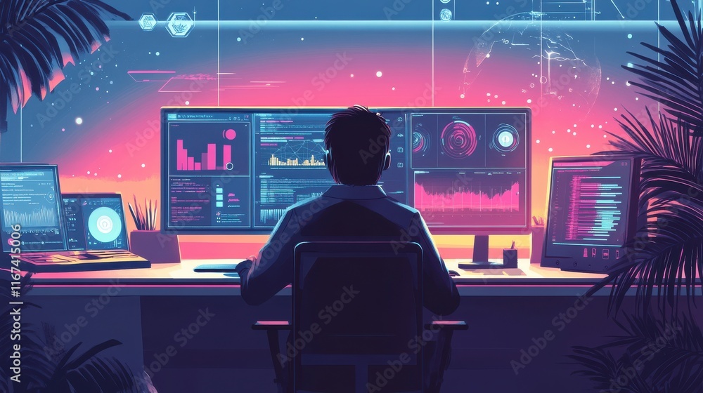 Poster futuristic workspace with data visualizations in beautiful sunset