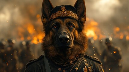 commanding dog in military attire amidst chaos